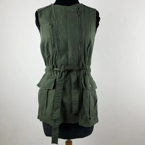 Athleta Wanderabout 100% linen olive green utility tunic vest xs zip-up top xs